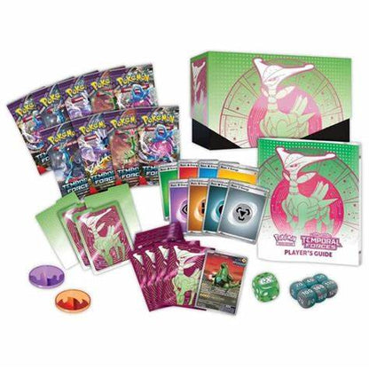 Coffret Pokémon ETB Forces Temporelles ouvert avec accessoires et cartes